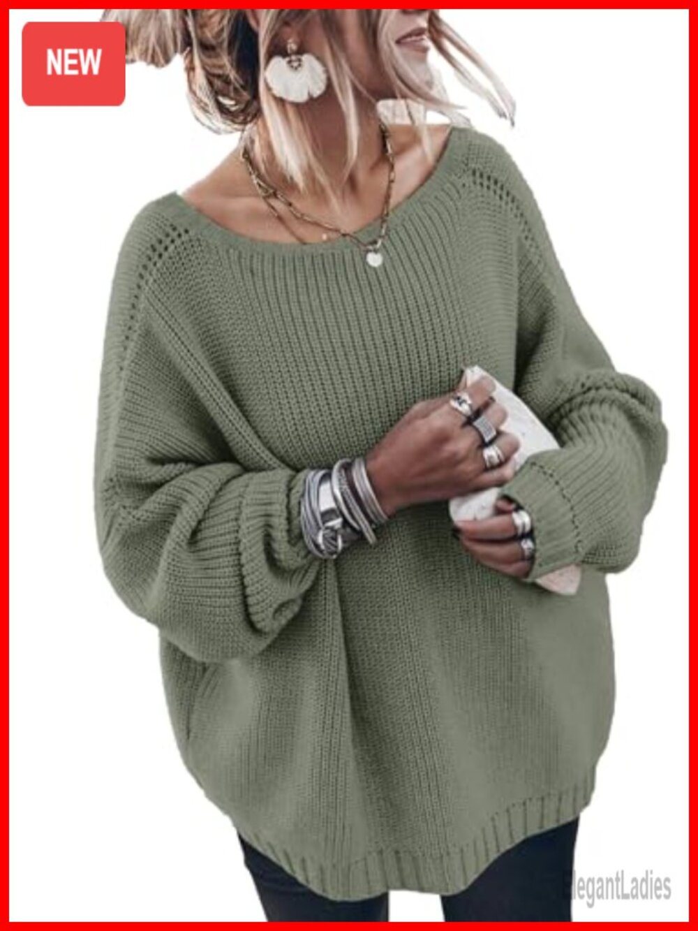 Oversized Cotton Long Sleeve Knit Pullover Sweater Crew Neck Loose Fit